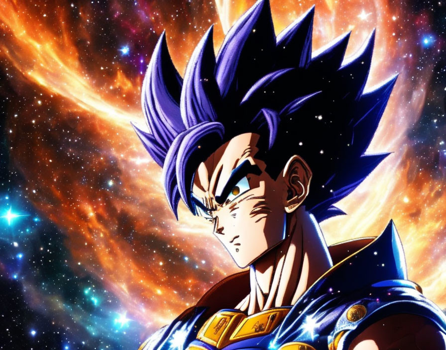 Spiky blue-haired animated character in battle armor on cosmic backdrop