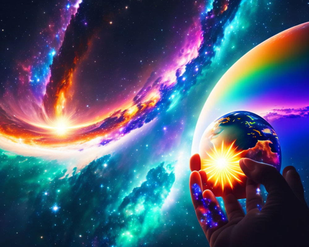 Colorful cosmic scene: Hand holding miniature Earth amidst interstellar clouds