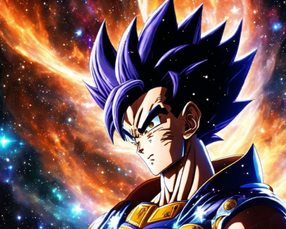 Spiky blue-haired animated character in battle armor on cosmic backdrop