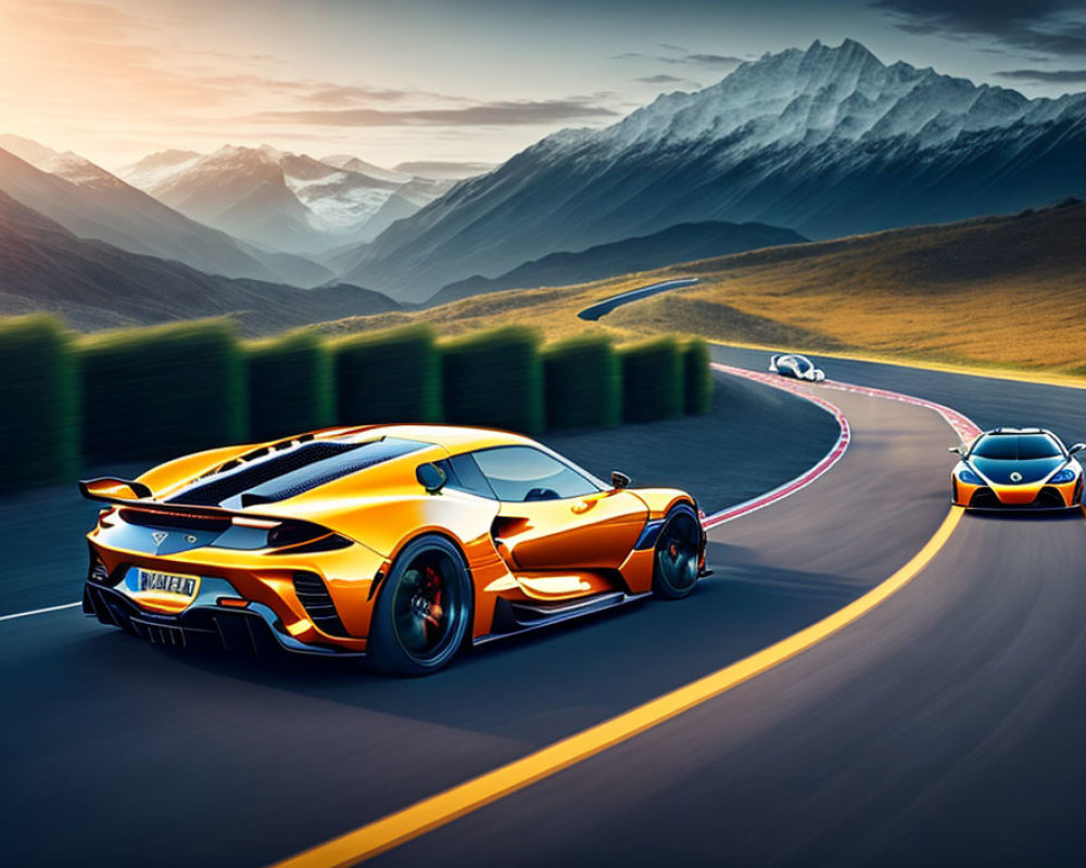 Two High-Performance Sports Cars Racing on Mountain Road at Sunset