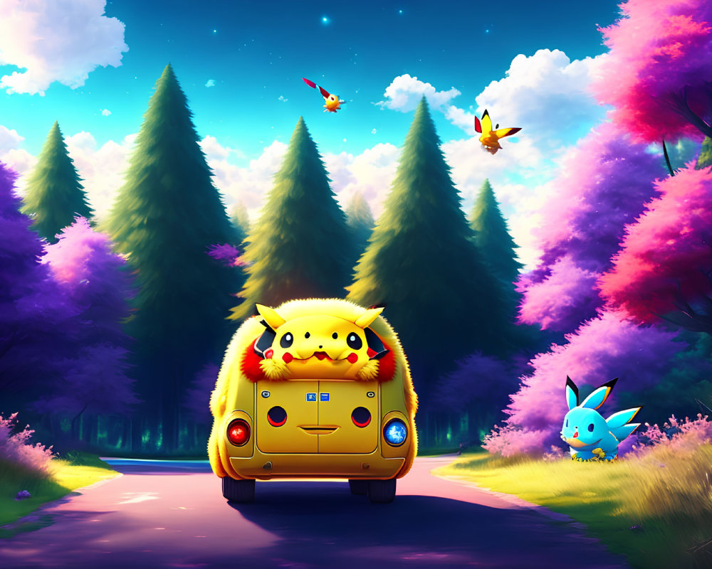 Colorful Pikachu and blue creature in fantasy forest with flying creatures