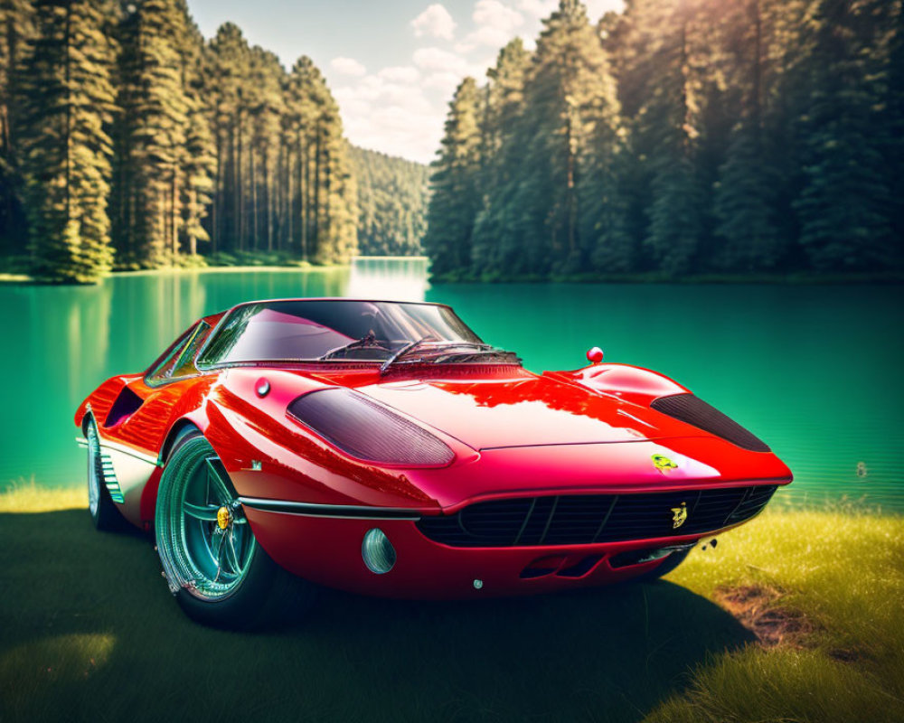 Vintage Red Sports Car Parked by Turquoise Lake and Pine Trees