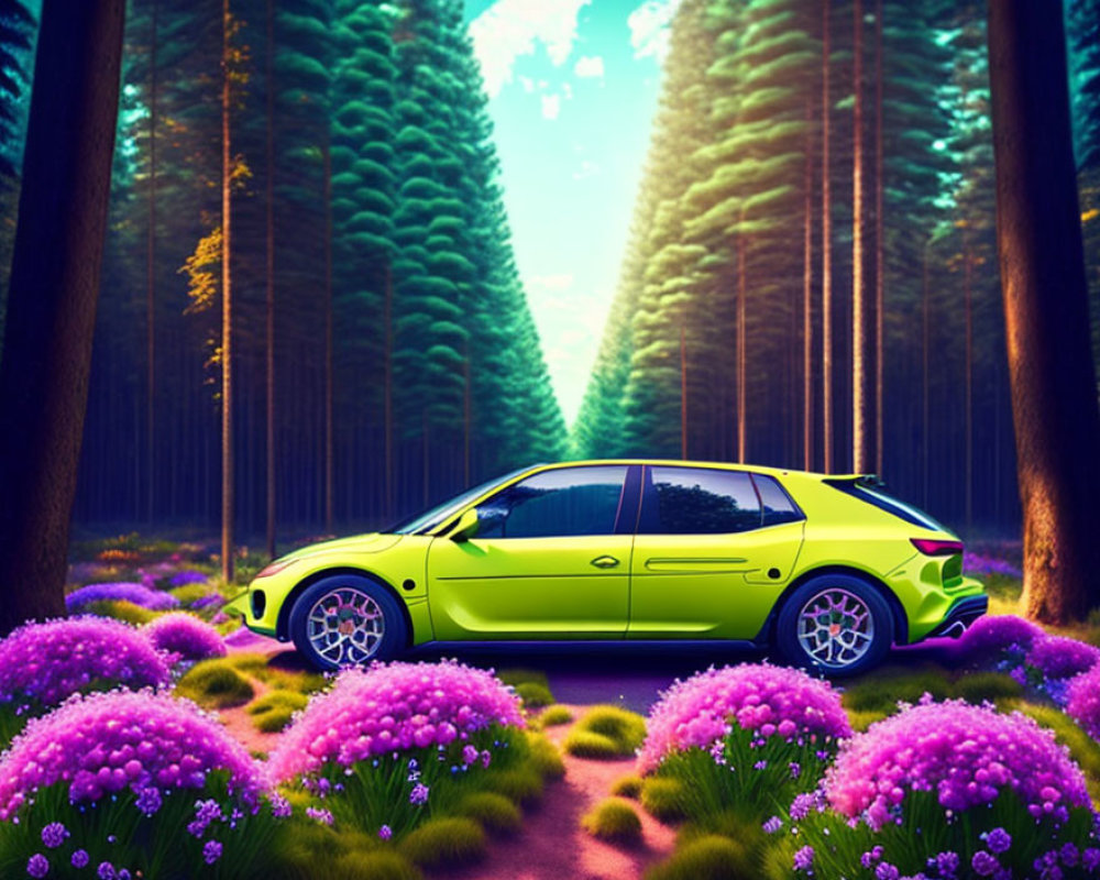 Vibrant green car in forest setting with purple flowers and tall pine trees