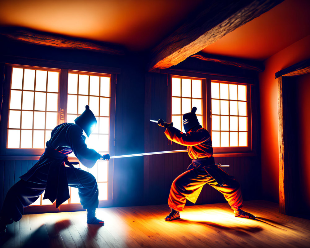 Silhouettes of ninjas in dramatic sword fight in traditional wooden room