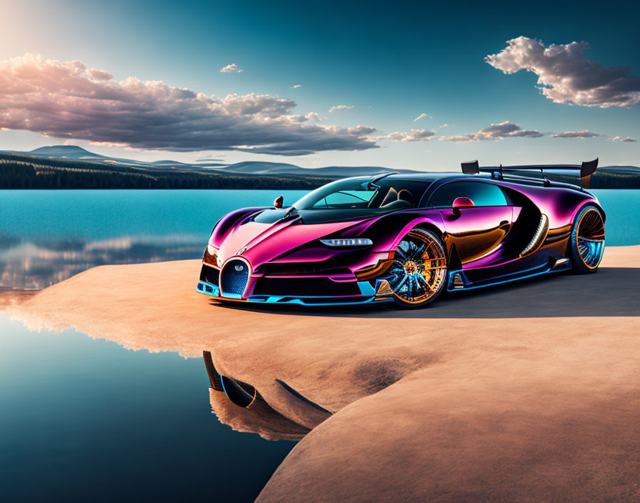 Purple and Orange Bugatti Hypercar on Sandy Shore with Lake and Forest Background
