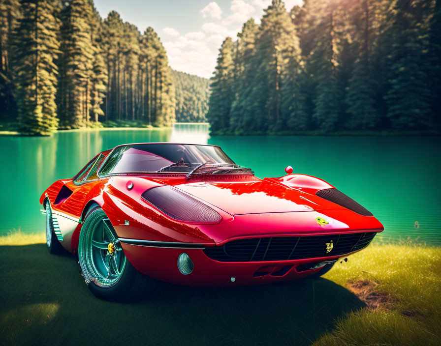 Vintage Red Sports Car Parked by Turquoise Lake and Pine Trees