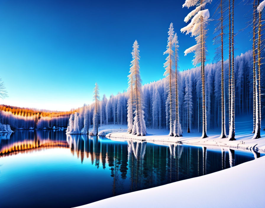 Tranquil winter scene: serene lake, snow-covered trees, glowing sunset