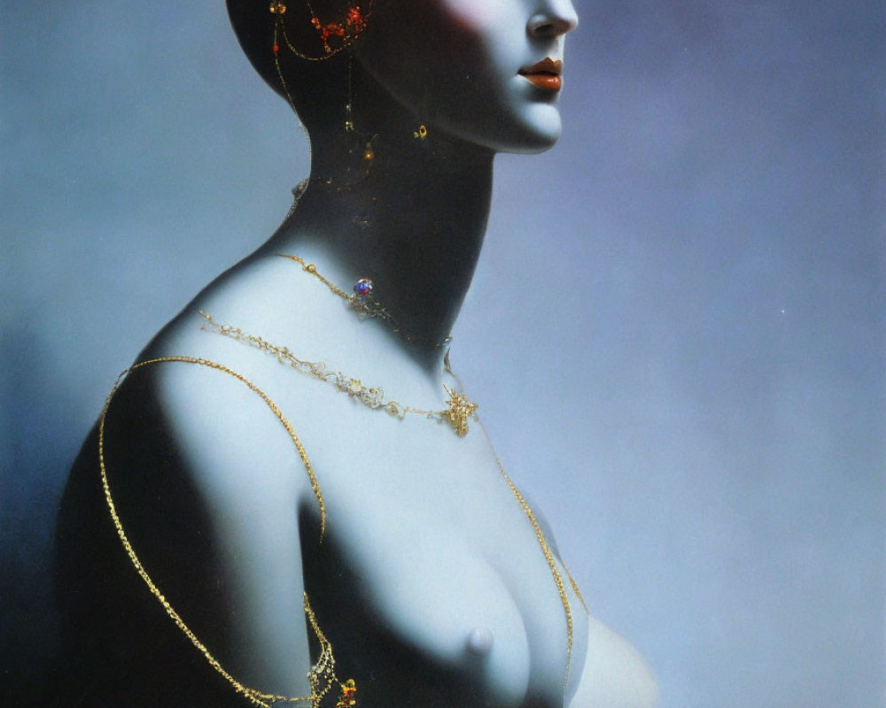 Mannequin adorned with elegant gold jewelry on soft blue background