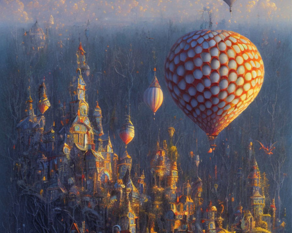 Fantastical landscape with whimsical towers and hot air balloons in golden sky
