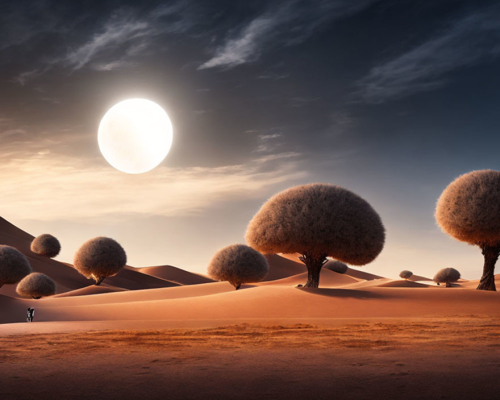 Surreal landscape with oversized fluffy trees on sand dunes under a white moon
