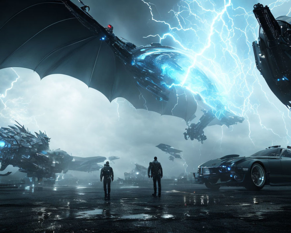 Futuristic scene with figures, vehicles, and robotic creature in stormy sky