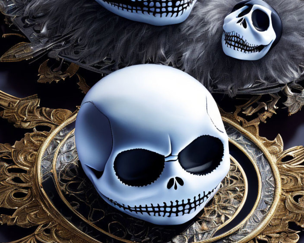 White Skull Masks with Black Detailing on Gold and Black Frame with Dark Feathers