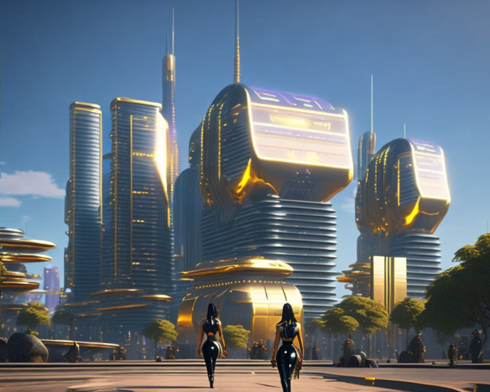 Golden high-rise buildings in futuristic cityscape with wide boulevards and pedestrians, set against lush green