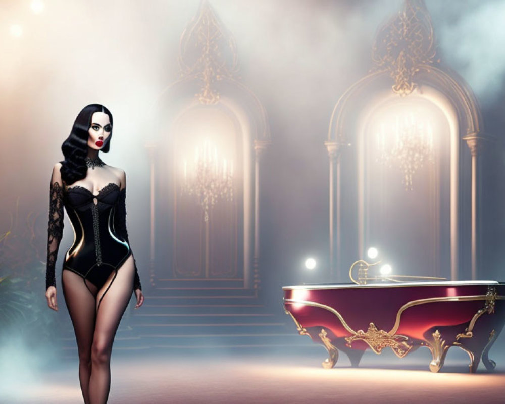 Elegant Woman in Black Lingerie near Luxurious Bathtub