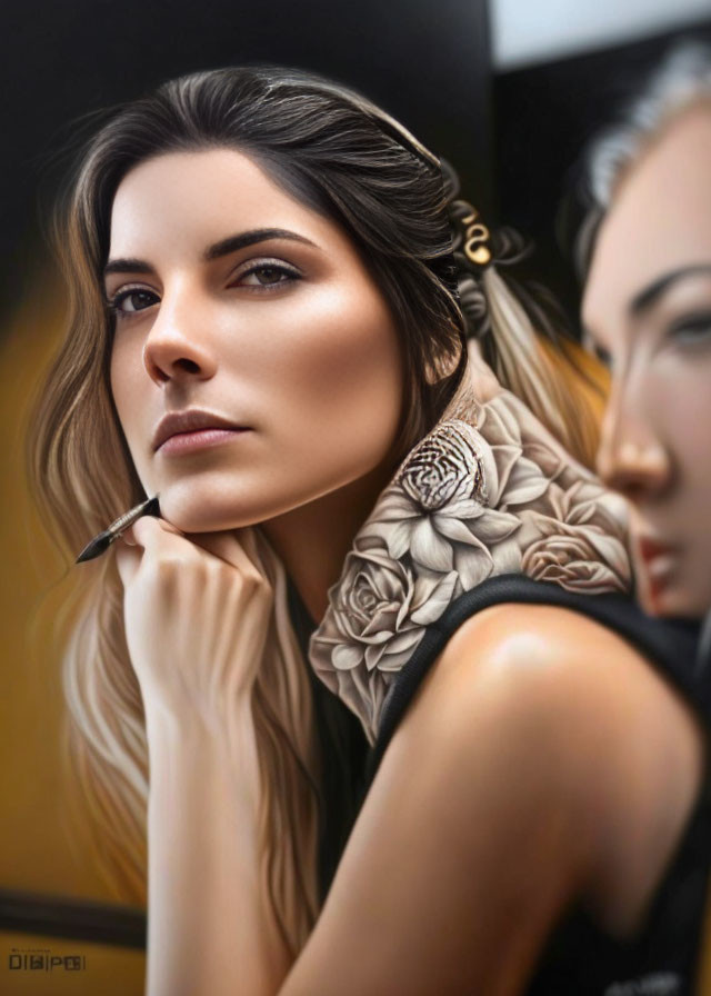 Detailed Tattooed Woman Contemplating with Pencil in Mirror