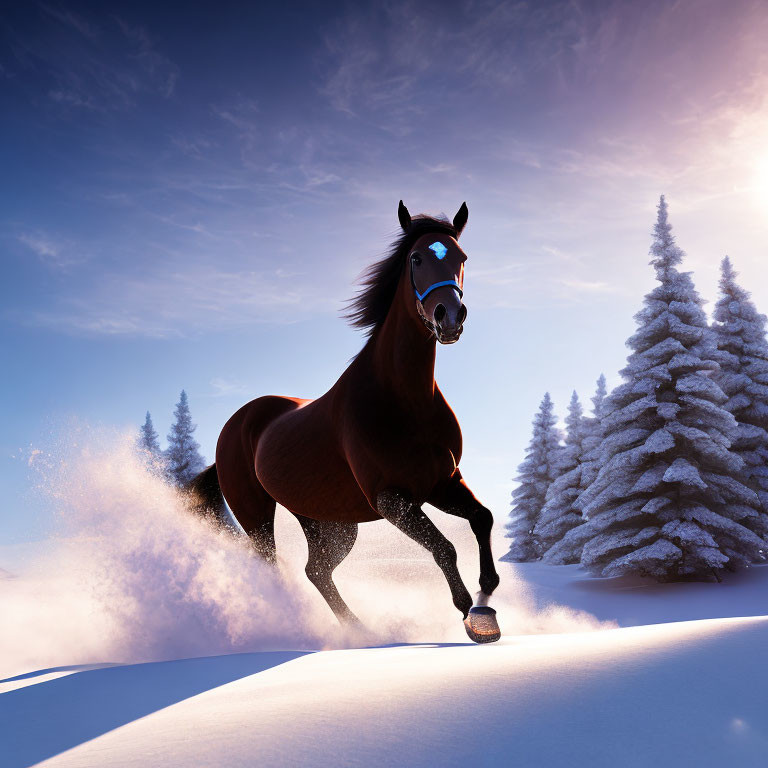 Brown Horse Galloping in Snowy Landscape with Evergreen Trees
