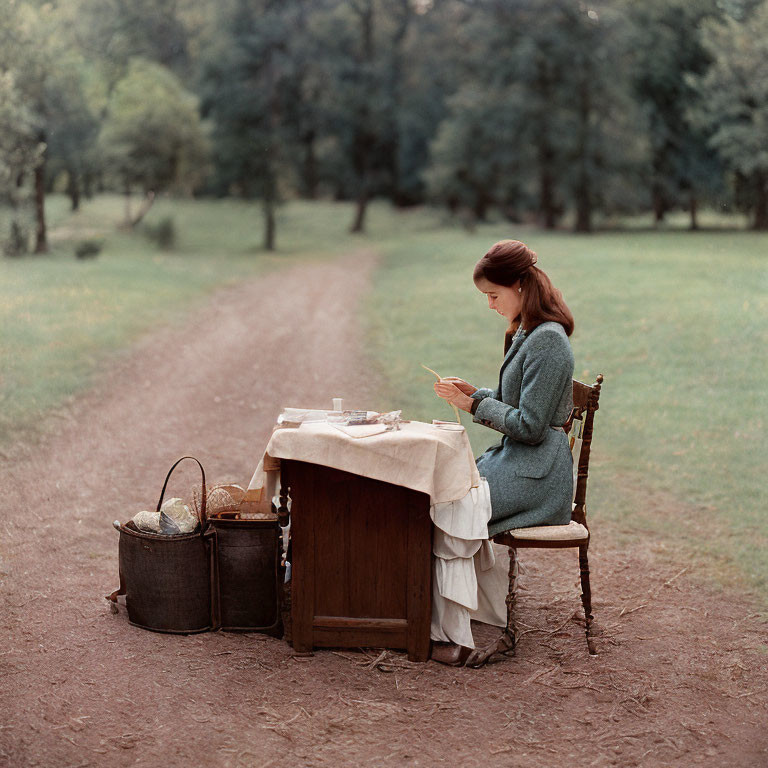 Woman in teal coat reading letter at park table with wicker basket
