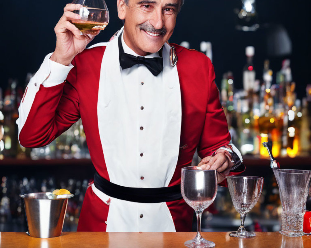 Smiling bartender in red vest holding whiskey glass at bar