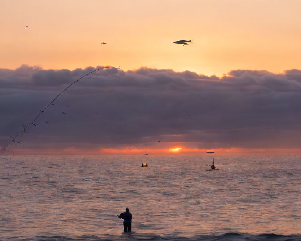 Person fishing in ocean at sunset with seagulls and colorful sky