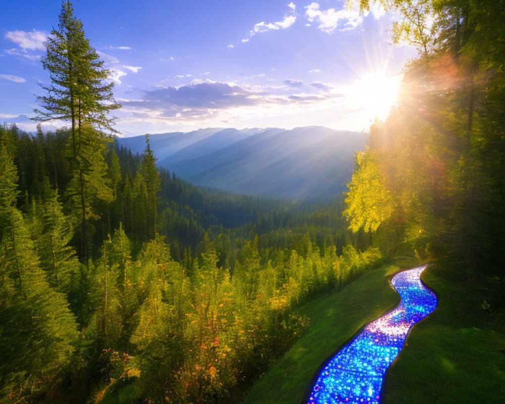 Luminous blue forest path at sunset with mountain vista