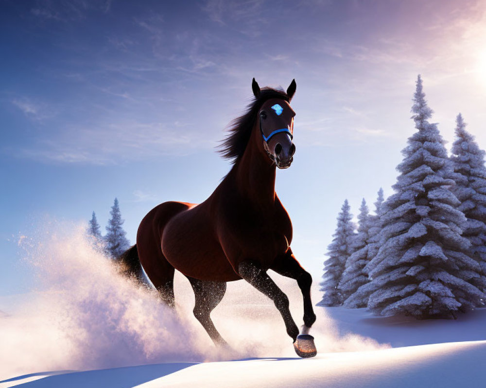 Brown Horse Galloping in Snowy Landscape with Evergreen Trees