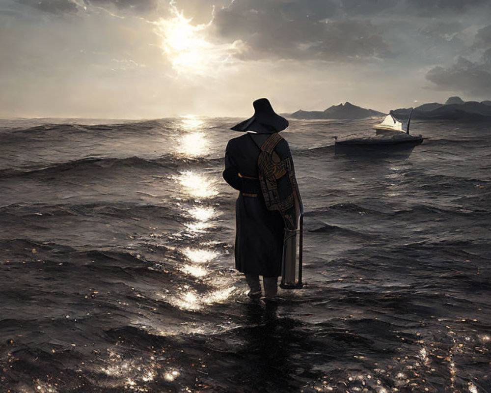 Figure in cloak and hat gazes at ship in dramatic sky over water.