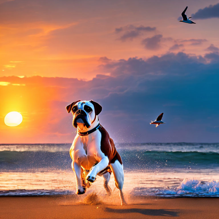Dog running on beach at sunset with birds and ocean reflecting warm colors.