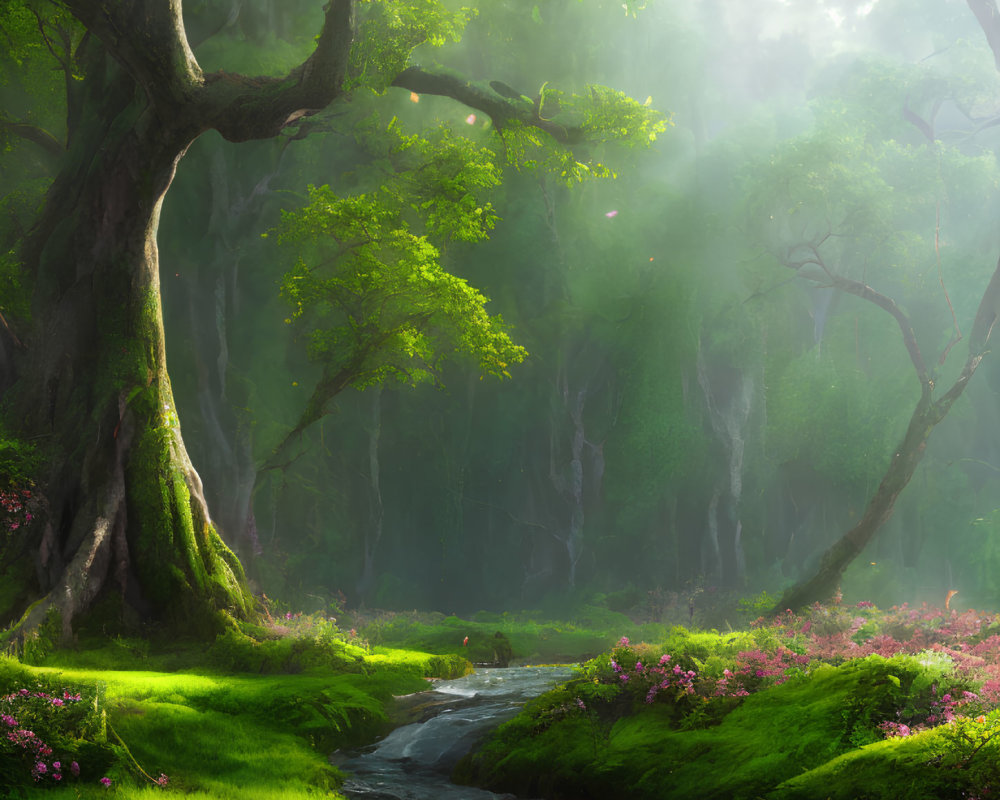 Lush forest scene with babbling brook and vibrant greenery