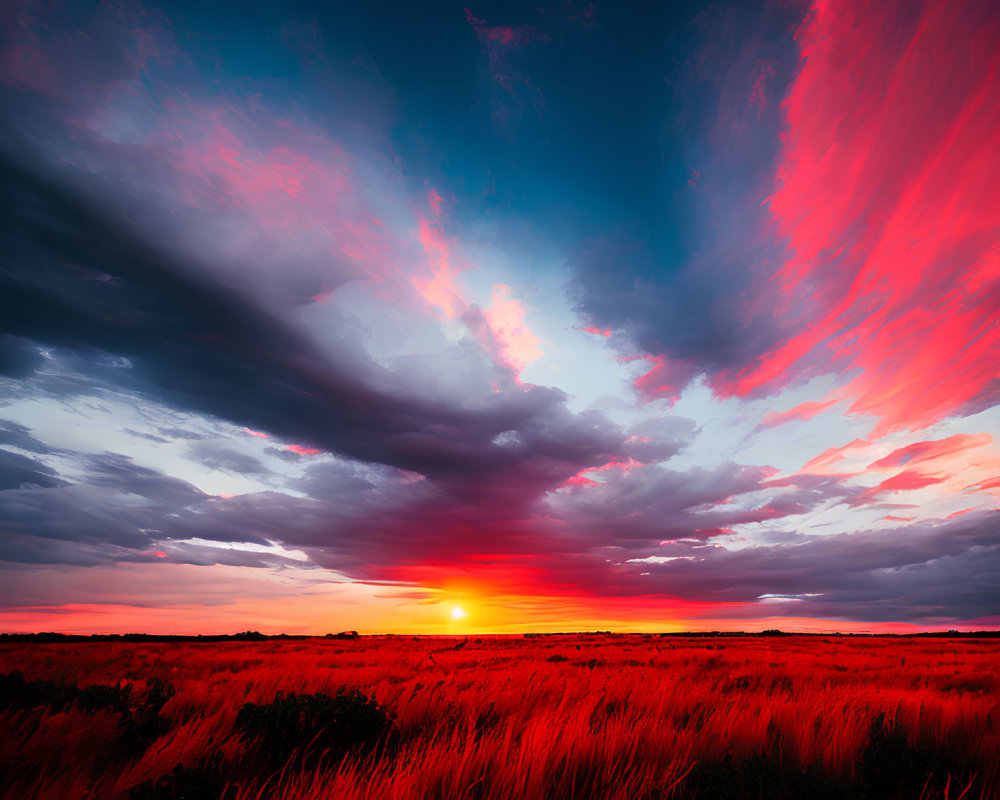 Vibrant sunset with red and blue clouds over dark horizon
