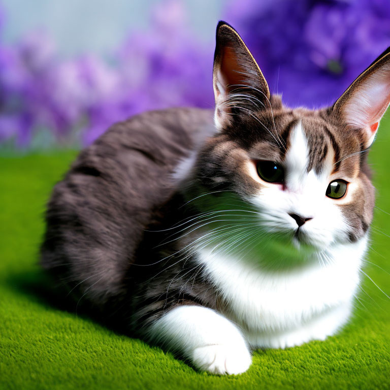 Fluffy Grey and White Cat Resting on Green Grass with Purple Flowers