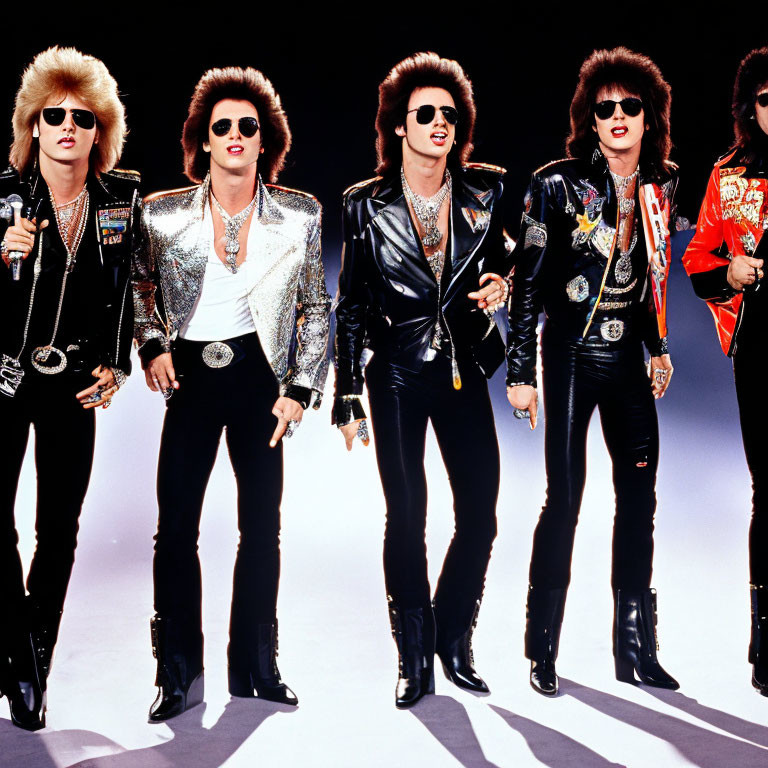 Band members in leather outfits and sunglasses on white backdrop radiate rock-and-roll style
