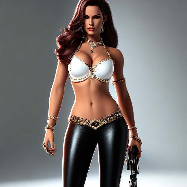 Digital artwork: Woman with long brown hair, white top, black pants, gold jewelry, holding a
