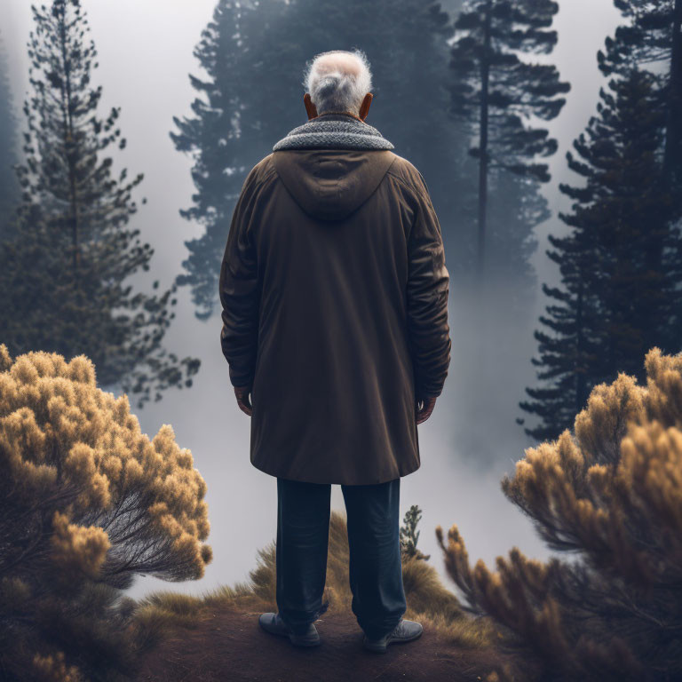 Elderly person in coat gazes at misty forest landscape