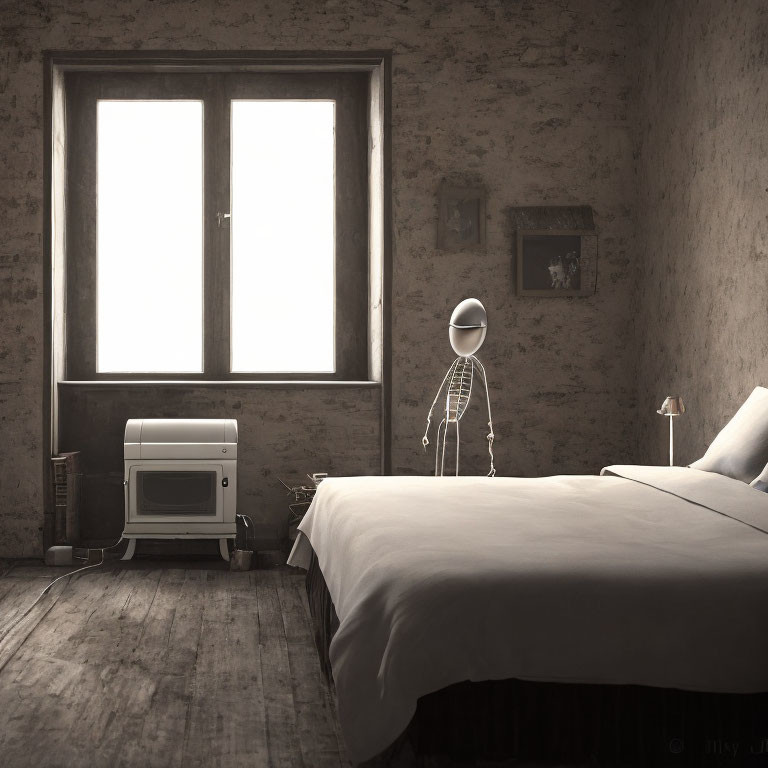 Monochrome room scene with bed, old TV, lamp, and stick figure by bright window
