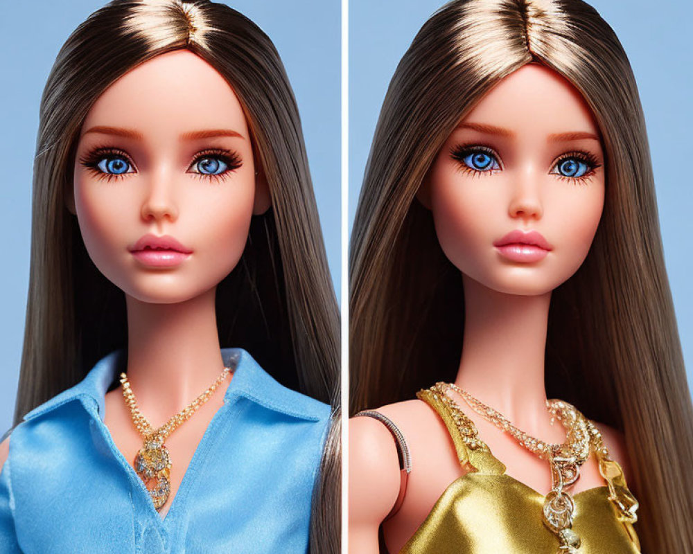 Dolls with Long Brown Hair and Blue Eyes in Blue and Gold Outfits