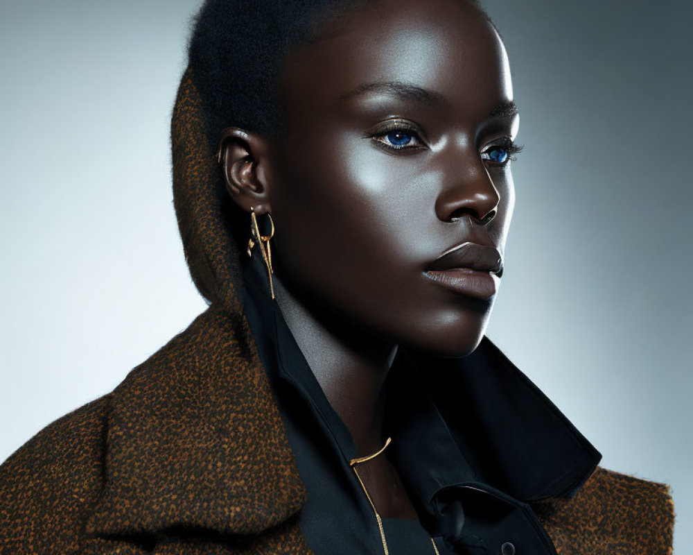 Portrait of woman with dark skin, textured jacket, and minimalist earrings