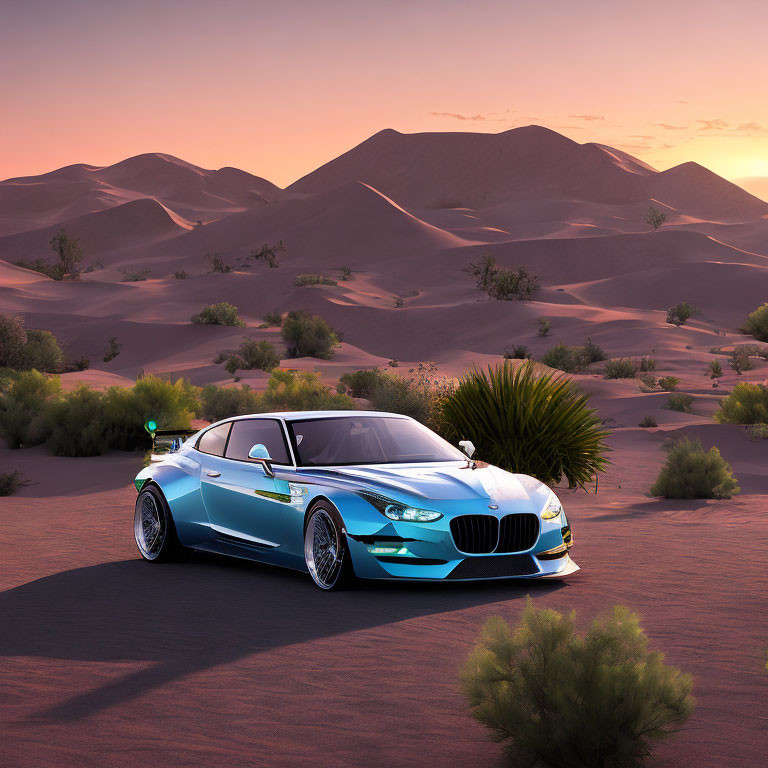 Blue luxury car parked in desert with rolling sand dunes and soft purple sky