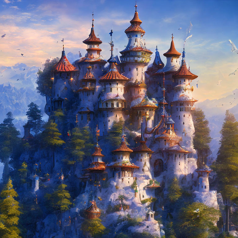 Majestic fantasy castle on rocky outcrop with spires in misty forest landscape