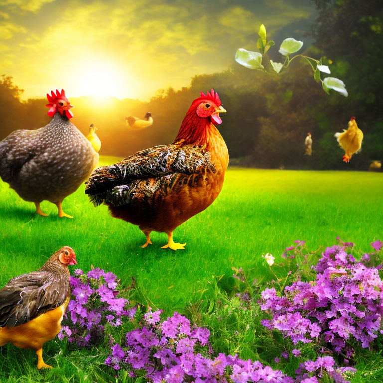 Colorful meadow scene: chickens, rooster, butterfly at sunset