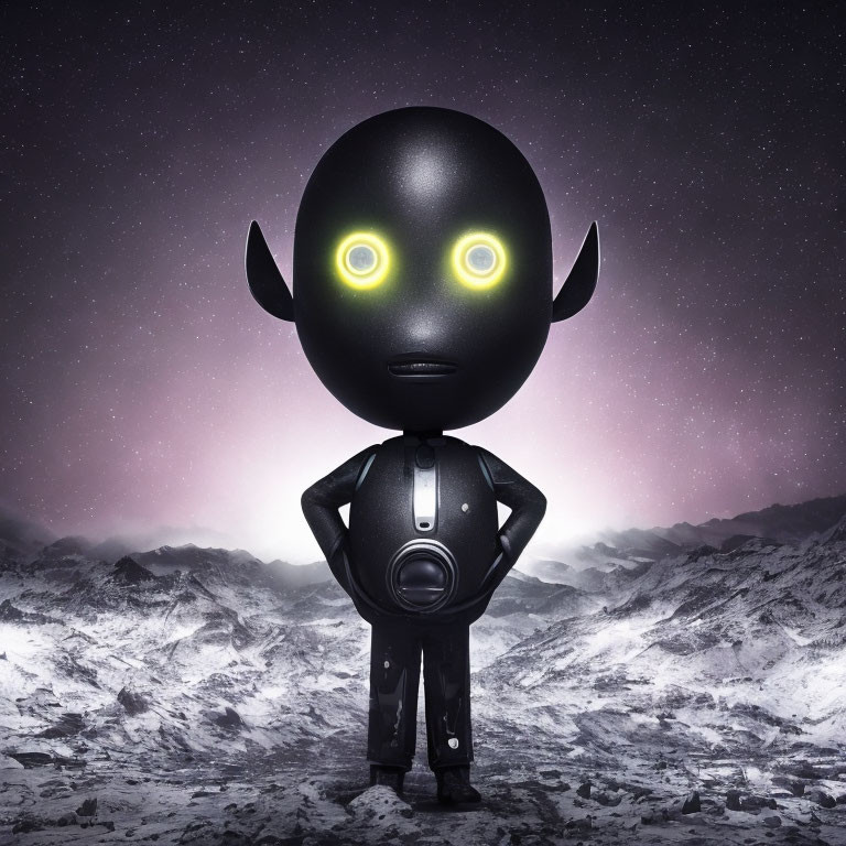 Glossy black humanoid figure with yellow eyes and horns in moonlit landscape