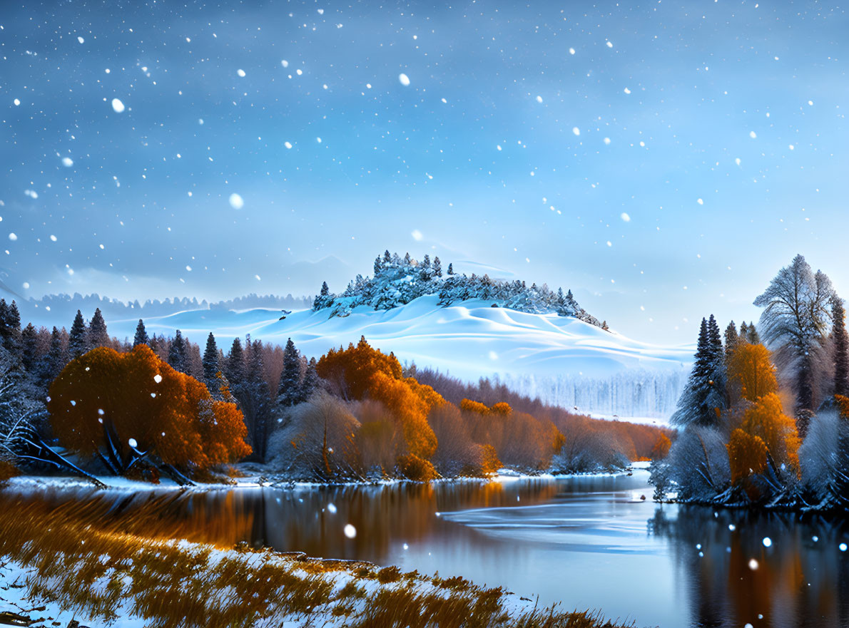 Snow-covered hills, calm river, autumn trees in serene winter twilight