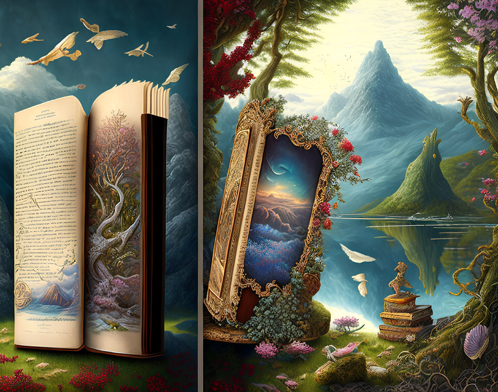 Open book with nature scene & mirror reflecting mountain landscape surrounded by flora and fauna
