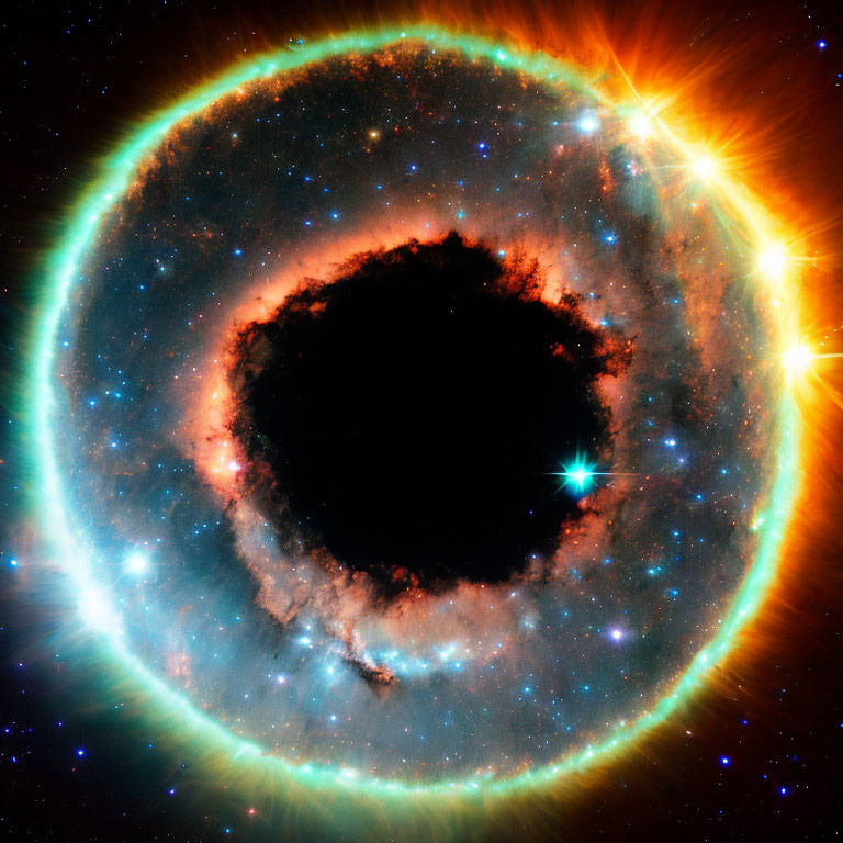 Colorful Nebula with Dark Void and Luminous Ring of Stars