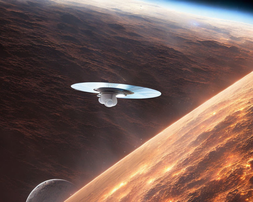 Spaceship resembling Star Trek Enterprise orbits fiery planet with moon and space curvature.