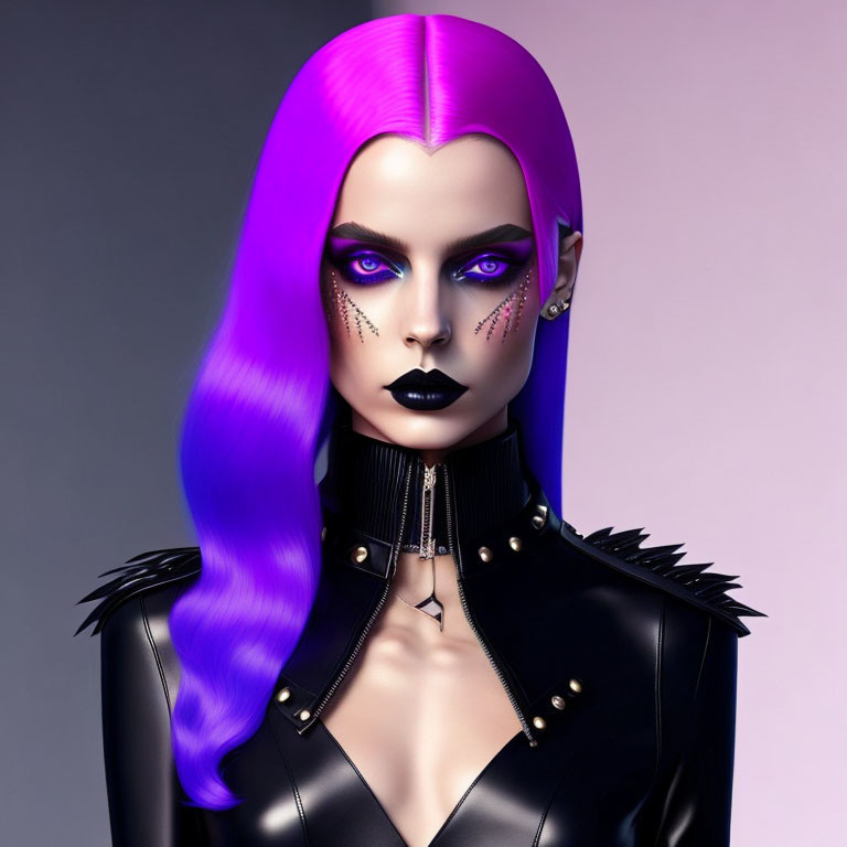 Vivid Purple Hair and Dramatic Makeup in Digital Art