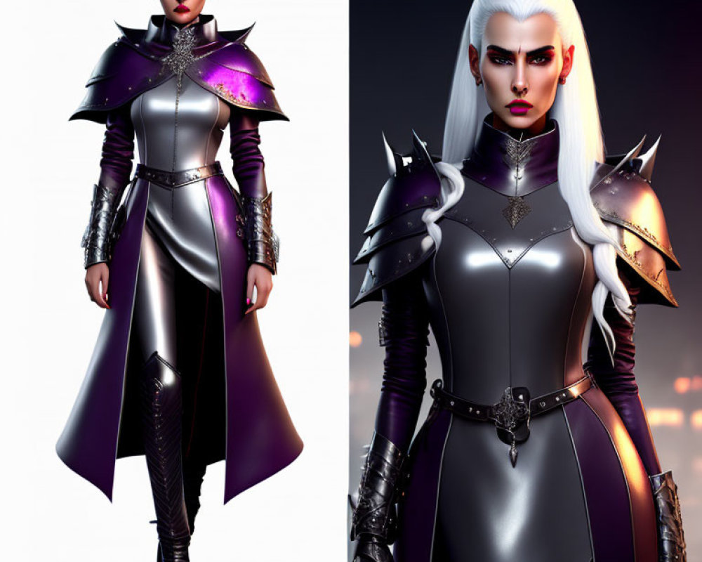 Character in Silver and Purple Armor with White Hair Styled in Long Braid