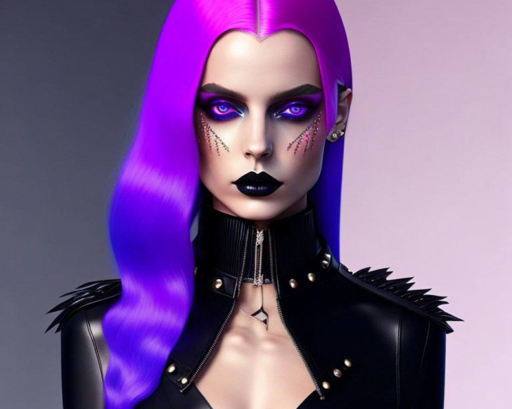 Vivid Purple Hair and Dramatic Makeup in Digital Art