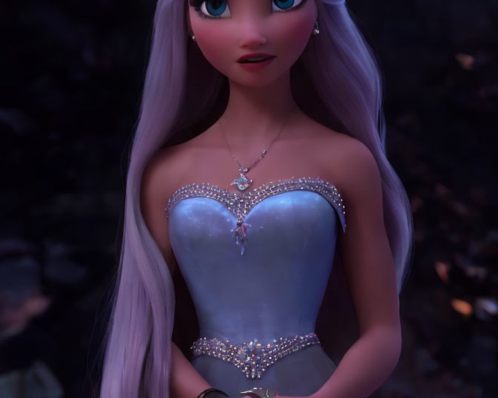 Animated female character with white hair and heart necklace in blue dress on dark background