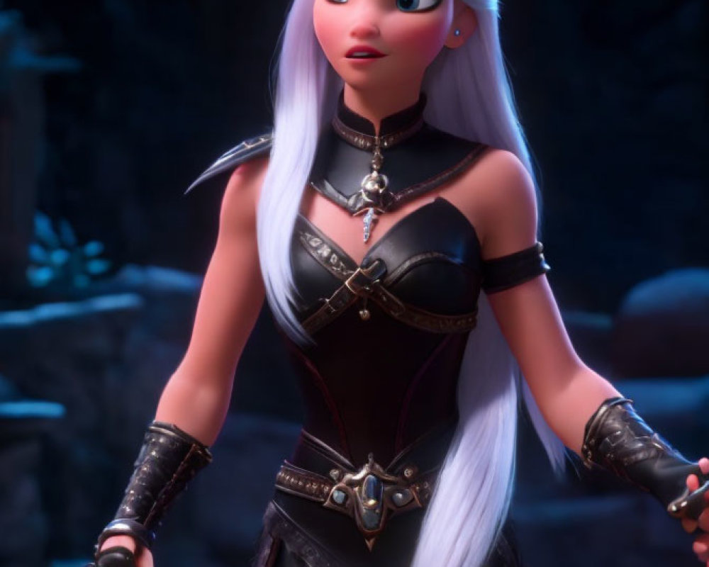Platinum Blonde Female Character in Dark Armor with Sword
