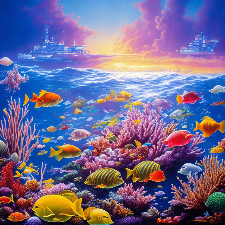 Colorful Tropical Fish and Coral in Vibrant Underwater Seascape